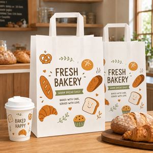 Bolsas de Papel para Panadería con Logotipo Personalizado, Asas Planas, Grado Alimenticio, para Pan y Pasteles, Embalaje para Llevar, Reciclables, Venta al Por Mayor, OEM, ODM - Product Image 5