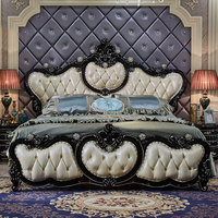 Europäischer Stil Massivholz-Eichen-Doppelbett mit Hohem Kopfteil, 18-Meter-Brautbett, Kingsize, Luxuriös, Ebenholzfarben, Geschnitzt & Bestickt