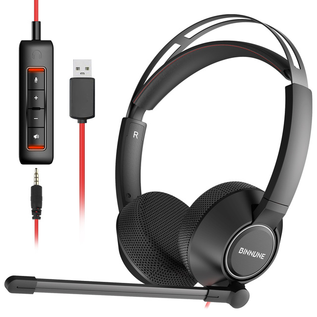 BINNUNE BH01 Wired Headset with Noise Cancelling Mic USB/3.5mm Over-Ear Headphones for Office Call Center PC Laptop Gaming