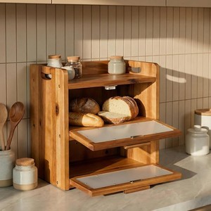 Caja de pan de madera para interiores y exteriores, caja de almacenamiento de aperitivos de gran capacidad de doble capa, caja de almacenamiento de alimentos de madera para cocina y sala de estar - Product Image 2