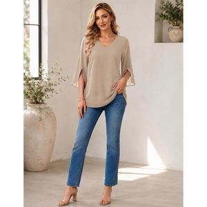Women Blouse V Neck 3/4 Flutter Sleeve <b>Sequin</b> Chiffon Asymmetric Tunic <b>Top</b> Everyday Wear Sheer Layer Design - Product Image 6