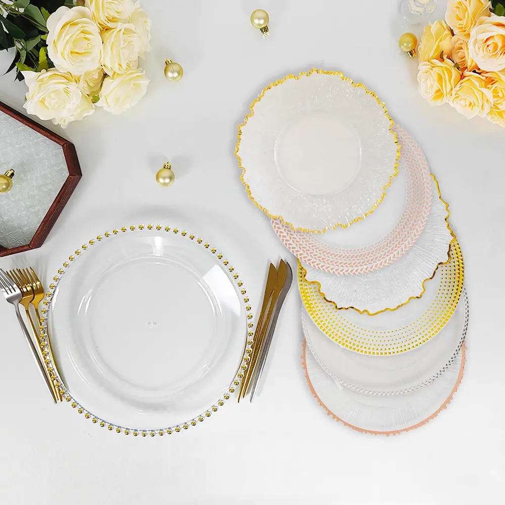 A granel, mesa de boda de 13 pulgadas, cuentas de oro rosa decorativas y borde, vidrio transparente, plástico acrílico, debajo de las placas del cargador con ribete negro