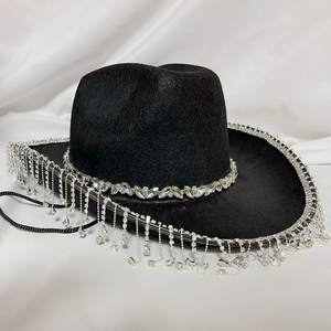 Wedding Party <strong>Bride</strong> <strong>Cowgirl</strong> <strong>Hat</strong> Black Western Rhinestone Fringe Cowboy <strong>Hat</strong> - Product Image 3