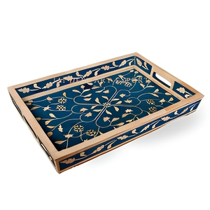 Rectangular Wood MDF Decorative <b>Tray</b> With Floral Pattern Blue And <b>Gold</b> Traditional Design Handle For <b>Serving</b> Or Display - Product Image 1