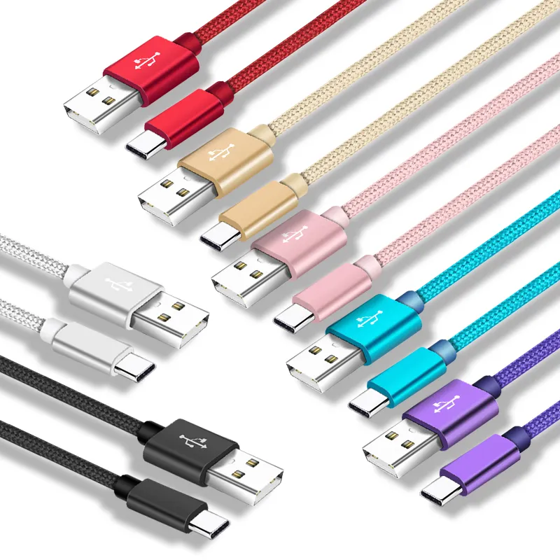 Factory Supplier Multicolor 3ft 6ft 1m 2m Nylon Braided USB Type C Data Cable Fast Charging USB Cable for Samsung