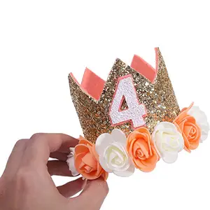 Cappello da principessa con corona di compleanno per bambini con fiori di rosa in tessuto non tessuto