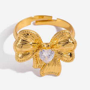 Bowknot Ring Gold Tone Heart Zircon Women's Jewelry <b>Gift</b> Fashion Ring - Product Image 1