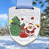 Médailles de sport personnalisées pour les fêtes de Noël, récompense en alliage de zinc émaillé 3D en forme de bouclier du Père Noël, prix du vainqueur du marathon d'hiver