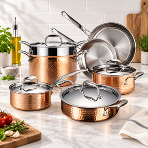 Ensemble de casseroles à finition martelée, 7 pièces, revêtement en acier inoxydable, compatible four, gaz et induction - Product Image 1