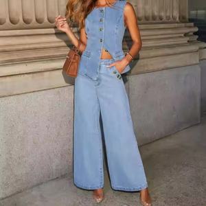 Conjunto de Mezclilla para Mujer: Top Holgado sin Mangas con Cuello Redondo y Jeans de Pierna Ancha de Talle Alto, Novedad de Otoño de Alta Calidad - Product Image 1