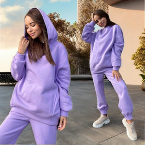 Conjunto de Dos Piezas para Mujer, Talla Grande, Color Sólido, Estilo Deportivo, Cintura Elástica, Mangas Largas, Casual, Térmico, 100% Algodón, Corte Holgado - Product Image 2