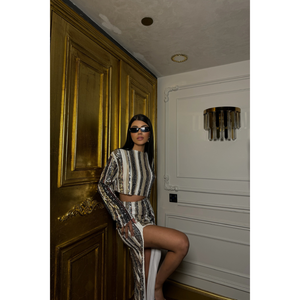 <b>Black</b> Stripe <b>Sequin</b> Crop Blouse and Above Knee Slit <b>Skirt</b> Set Formal 2-Piece Outfit XS Size Skinny Fit for Winter - Product Image 1