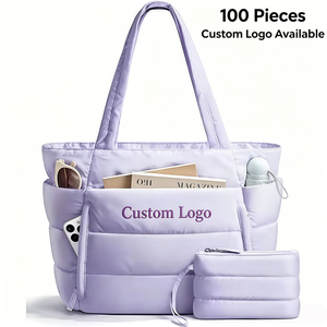 Low MOQ Custom Logo Water-resistant Nylon Quilted Puffer <strong>Tote</strong> <strong>Bag</strong> <strong>with</strong> Zipper Large Capacity Anti-theft Shoulder <strong>Bag</strong> Wholesale - Product Image 1