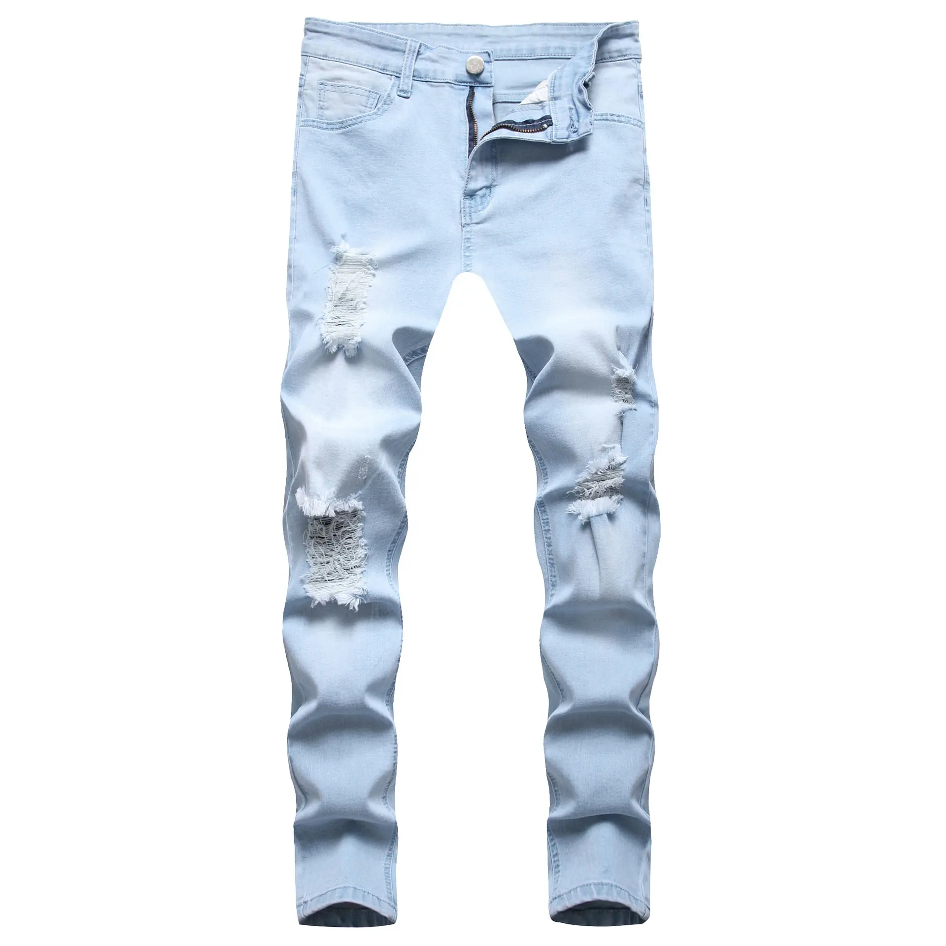 Herren Slim Fit kleine Fuß Scratch Jeans trend ige Jugend loch Mikro elastische Jeans hellblaue lässige Röhrenjeans