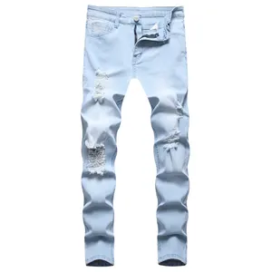 Men's slim fit little foot scratch jeans trendy youth hole micro elastic jeans light blue casual skinny jeans