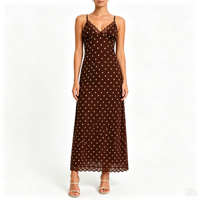 Robe longue marron à pois pour femme, bretelles spaghetti, détails en dentelle, col en V, dos nu à nouer, robe longue décontractée pour l'été, les vacances et les soirées
