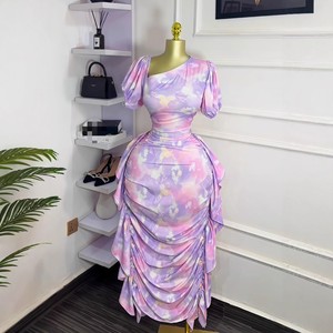 Nouvelles robes élégantes pour femmes à manches bouffantes, col asymétrique, imprimées, à volants, ajustées, tendance - Product Image 1