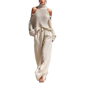 Ensemble pull en maille pour femme, col roulé épaules dénudées, manches longues, pantalon large, tenue décontractée deux pièces, blanc, abricot, gris, XSSMLXL - Product Image 5