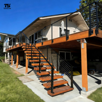 Escalier extérieur moderne en bois avec garde-corps en câble d'acier inoxydable, système d'escalier extérieur personnalisable pour balcon, jardin, patio