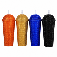 Gobelet isotherme rose grande capacité avec strass, double paroi sous vide, en plastique, avec paille