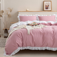Parure de lit 3 pièces en tissu brossé couleur unie avec dentelle à volants et blocs de couleur, pour le commerce extérieur et la vente transfrontalière