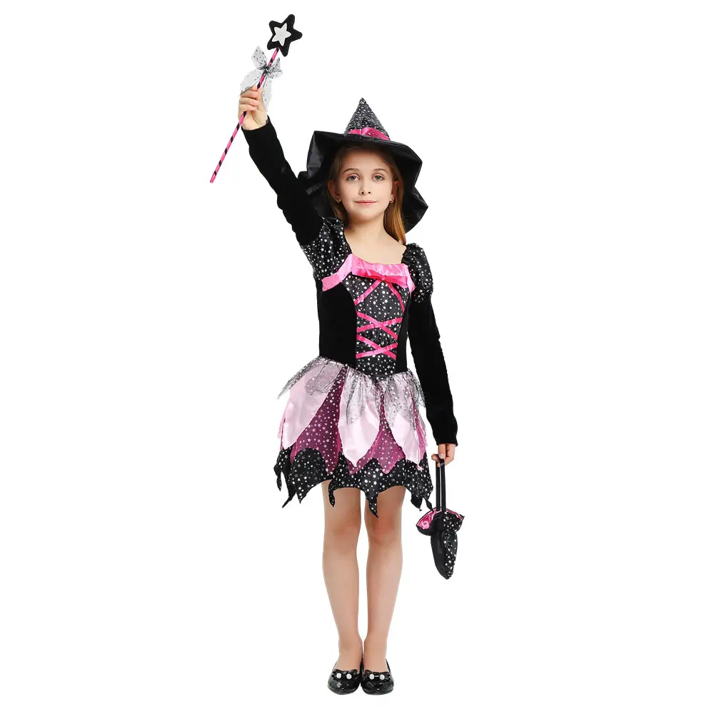 女の子のための新しいキッズウィッチコスチューム帽子付きハロウィンドレスカーニバルコスプレパーティー衣装キャンディーバッグ付き