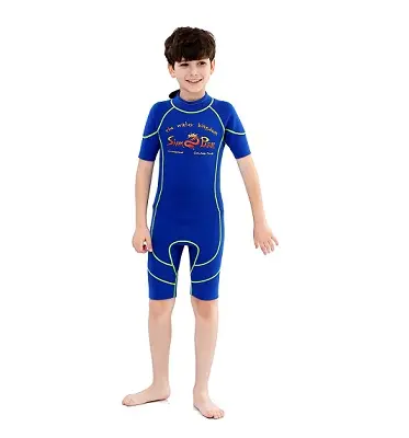 بالجملة تصميم راقي للولد قصير الأكمام ملابس السباحة الزرقاء الاطفال ملابس السباحة 2MM ملابس الأطفال القصيرة ملابس السباحة