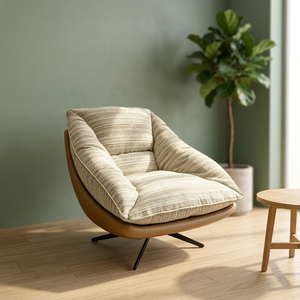 Modern Midcentury Wooden Lounge Chair With Soft Striped Cushion For Living Room Furniture - Product Image 3