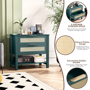 Rattan Nightstand With 2 <b>Drawers</b> <b>Storage</b> Shelf Boho Bedside Table For Bedroom - Product Image 5
