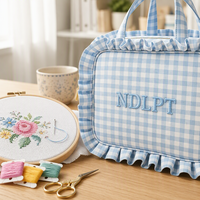 Sac fourre-tout personnalisé à volants en gingham avec broderie, sac de rangement pour travaux d'aiguille, sac à point de croix, sac à points de broderie, sac à volants