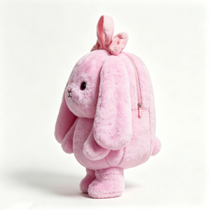 Cute Pink Bunny Plush <b>Backpack</b> with 3D Standing Ears Fluffy Design PP Cotton Filled Unisex Halloween <b>Backpack</b> - Product Image 1