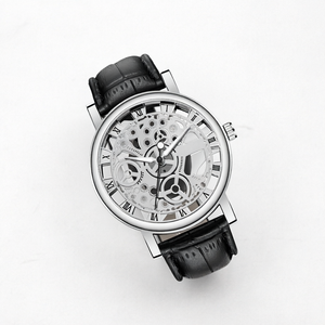 Reloj de cuarzo esquelético para hombre, correa de cuero, reloj de pulsera redondo, estilo de vestir para negocios - Product Image 1