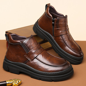 Bottines pour hommes en cuir véritable, à enfiler, talon plat, semelle en caoutchouc, couleur unie, chaussures décontractées chaudes toutes saisons - Product Image 4