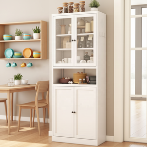 Armario <span class=keywords><strong>de</strong></span> <span class=keywords><strong>Cocina</strong></span> Moderno <span class=keywords><strong>de</strong></span> Madera Blanca <span class=keywords><strong>de</strong></span> 72 Pulgadas <span class=keywords><strong>de</strong></span> Alto, Armario <span class=keywords><strong>de</strong></span> Almacenamiento Independiente con Puertas <span class=keywords><strong>de</strong></span> Vidrio para Comedor - Product Image 3
