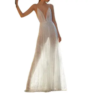 Gaun pengantin Backless tanpa lengan payet V-Neck rendah desain kustom pinggang tinggi gaun Halter panjang lantai