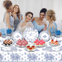 Haute qualité jetable bleu blanc mariage thème fête vaisselle moderne vente chaude nappe bannières pour décorations de fête
