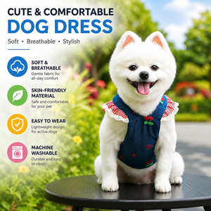 Vestido de mezclilla con estampado de cerezas para perro, arnés y correa, ropa de verano linda para mascotas, para cachorros pequeños, Bichón, Teddy, ropa para paseos al aire libre - Product Image 1