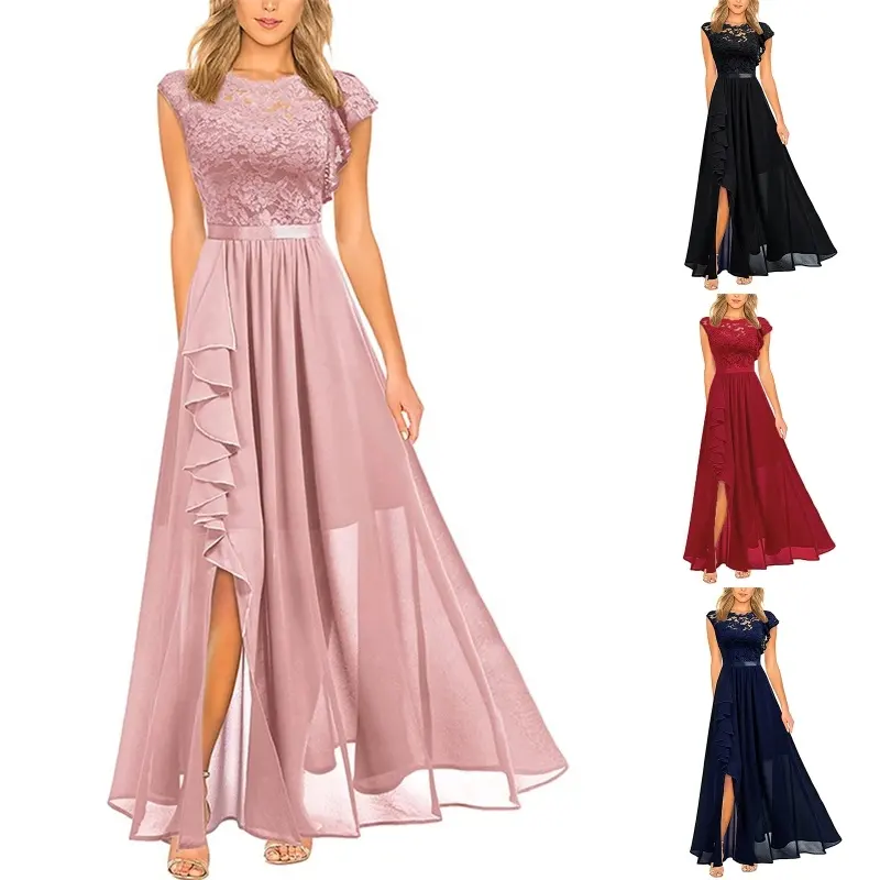 Custom Elegant Cocktail Dress Lace Bodice Cascading Ruffle Split Chiffon Evening Party Dresses for Women