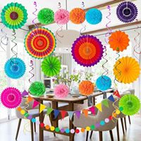 Éventails en papier multicolores vibrants à suspendre, tailles variées, pour décorations murales de fête, festivals, anniversaires, Noël, remises de diplômes