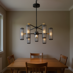 Modern 25 Inch <b>3</b> <b>Light</b> Black Iron <b>Pendant</b> Chandelier Cylindrical Mesh Shades E26 Base Dining Room Lighting - Product Image 2