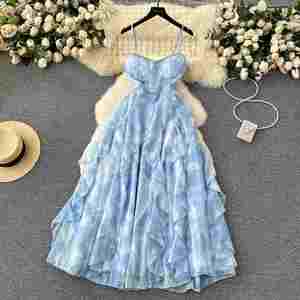 Vestido Maxi Tipo Túnica Tejido Ecológico Estilo Hada Otoñal para Mujer, Sin Tirantes, Sin Mangas, con Diamantes, Volantes y Encaje, Elegante Vestido de Fiesta - Product Image 1