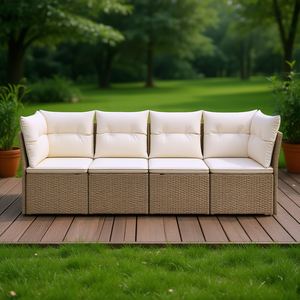 Canapé de jardin modulaire 4 places en rotin beige, mobilier d'extérieur, coussin imperméable, design contemporain - Product Image 2