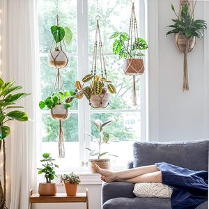 Lot de 2 supports pour plantes en corde de coton tressée à la main, style bohème rustique, pour jardinières de 3 à 12 pouces, avec crochets en <span class=keywords><strong>S</strong></span>, décoration bohème pour la maison (marron) - Product Image 4