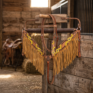 Ensemble d'équipement équestre en cuir de vachette naturel souple de qualité supérieure avec franges tournesol, selle western légère et collier de poitrine durable - Product Image 2