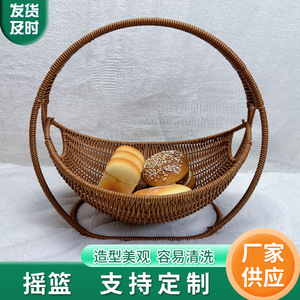 ตะกร้าผลไม้ทอจากหวายพร้อมหูจับ ตะกร้าเก็บของทรงกลมสำหรับห้องนั่งเล่น ถาดใส่ขนมและชา - Product Image 5