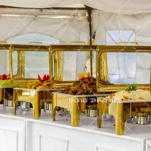 अन्य होटल वाणिज्यिक रेस्तरां उपकरण आयताकार गोल्डन चैटफिंग व्यंजन बुफे फूड वार्मर खानपान के लिए चाफिंग व्यंजन