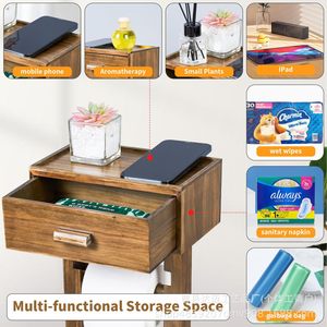 Wooden Floor <b>Standing</b> Toilet Paper Holder With Drawer Storage Rustic Design For Bathroom - Product Image 5