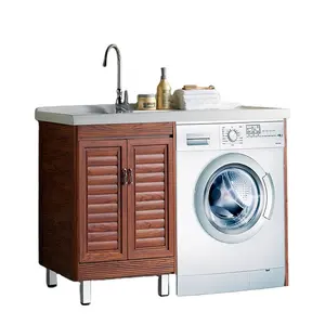 批发棕色木纹铝合金洗衣机水槽组合浴室柜虚荣洗衣房收纳柜