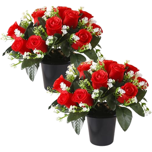 Flores Artificiales de Plástico, 12 <span class=keywords><strong>Rosas</strong></span>, Juego de Plantas en Maceta con <span class=keywords><strong>Rosas</strong></span> <span class=keywords><strong>Rojas</strong></span> para Cementerio, Memorial o Aniversario - Product Image 1