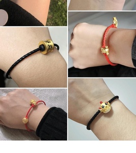 XD Cordón trenzado de hierro con cuentas rojas, oro duro 3D y piedra natural de la suerte, para hombres y mujeres, estilo pareja, pulsera de cuero - Product Image 6